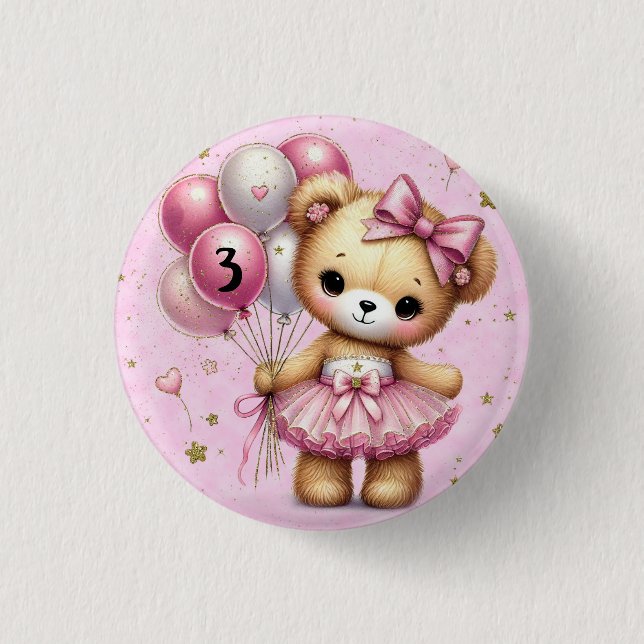 Pink Ballerina Bear Glitter Balloon Birthday Girl 3 Cm Round Badge (Front)