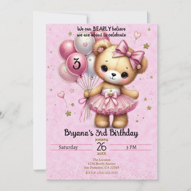 Pink Ballerina Bear Glitter Balloon Birthday Party Invitation (Front)