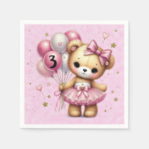 Pink Ballerina Bear Glitter Balloon Birthday Party Napkin