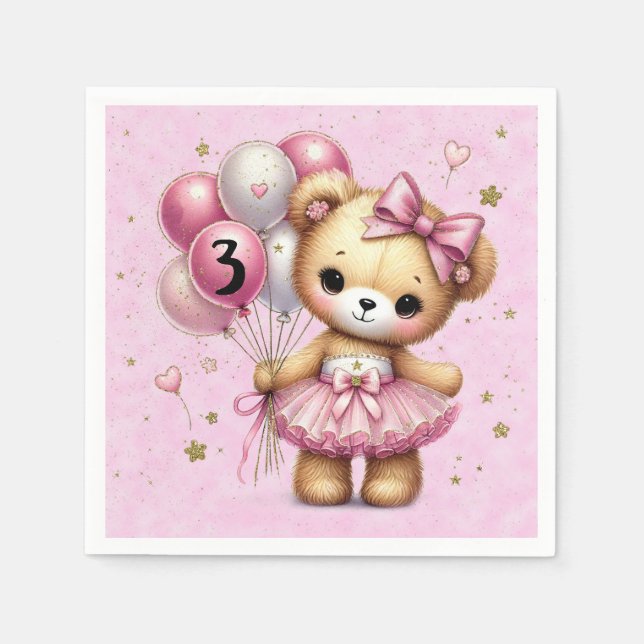 Pink Ballerina Bear Glitter Balloon Birthday Party Napkin (Front)