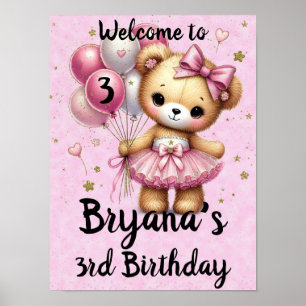 Pink Ballerina Bear Glitter Balloon Birthday Party Poster