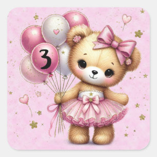 Pink Ballerina Bear Glitter Balloon Birthday Party Square Sticker