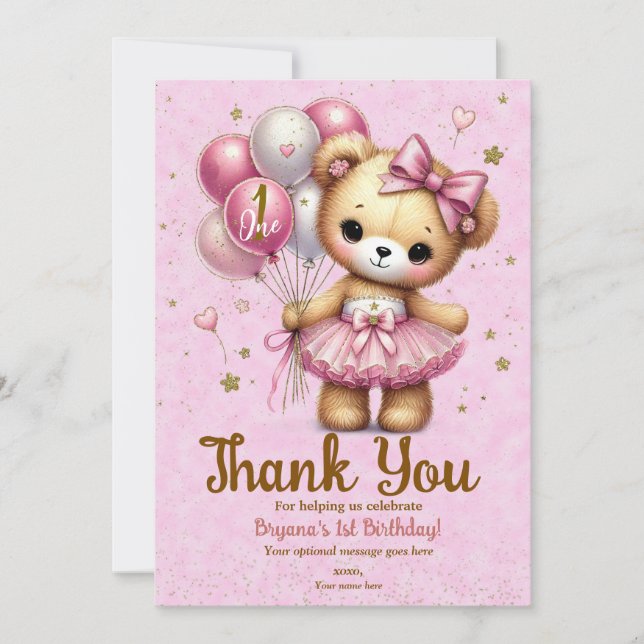 Pink Ballerina Bear Glitter Balloon Thank You Invitation (Front)