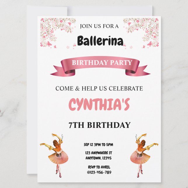 Pink Ballerina Birthday Invitation (Front)