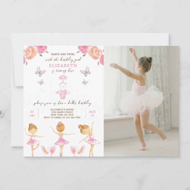 Pink Ballerina Birthday Invitation with photo (Front)