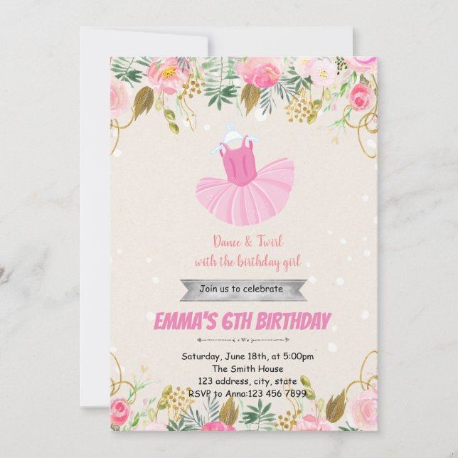 Pink ballerina BIRTHDAY party invitation (Front)
