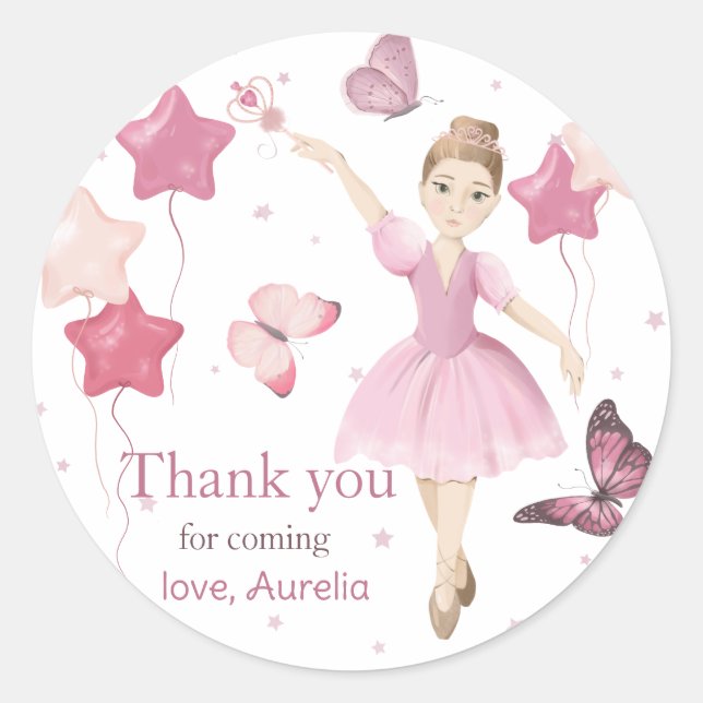 Pink Ballerina Birthday Thank You Classic Round Sticker (Front)