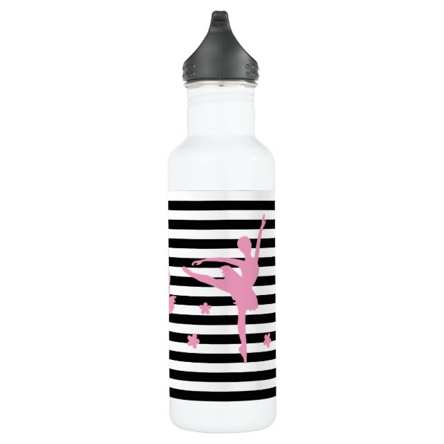 Pink Ballerina Black & White Stripe Water Bottle (Right)