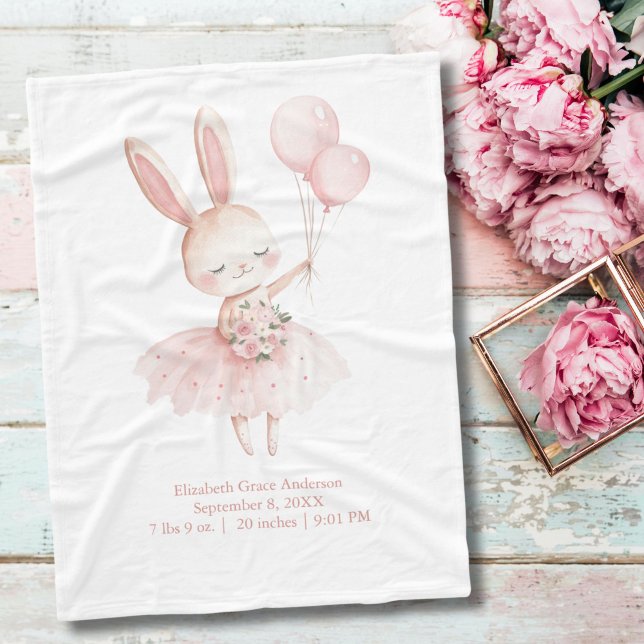 Pink Ballerina Bunny Birth Stats Personalised Baby Fleece Blanket (Pink Bunny Ballerina with Pink Flowers and Balloons Birth Stats Baby Girl Baby Blanket)
