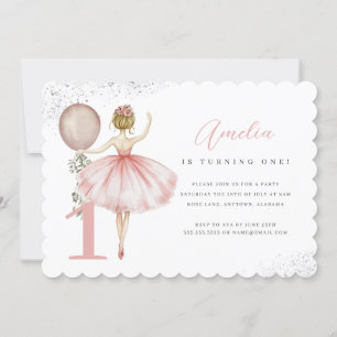 Pink Ballerina First Birthday Party Invitation