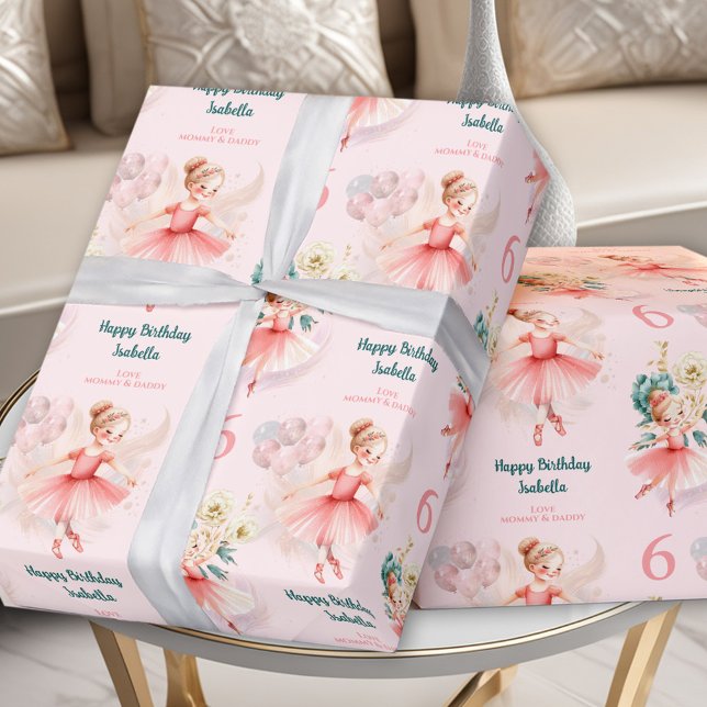 Pink Ballerina Girl Birthday Blonde Custom Name Wrapping Paper (Pink Ballerina Girl Birthday Blonde Custom Name Wrapping Paper)