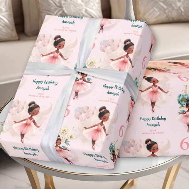Pink Ballerina Girl Birthday Dark Skin Custom Name Wrapping Paper (Pink Ballerina Girl Birthday Dark Skin Custom Name Wrapping Paper)