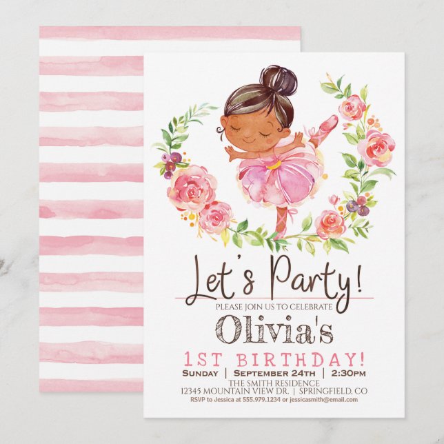 Pink Ballerina Girl Birthday Party Invitation (Front/Back)