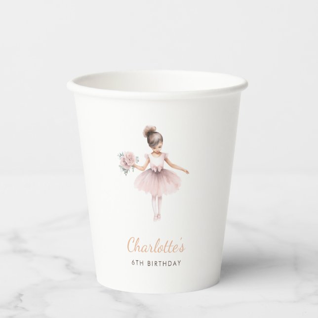 Pink Ballerina Girl Birthday Party Watercolor Paper Cups (Front)