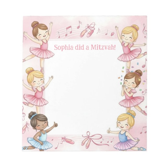 Pink Ballerina Personalized Mitzvah Note pad (Front)