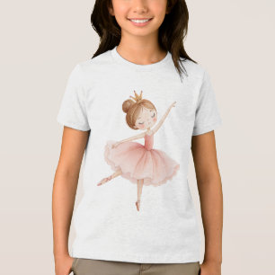 Pink Ballerina Princess Gold Crown Watercolor Art Tri-Blend Shirt