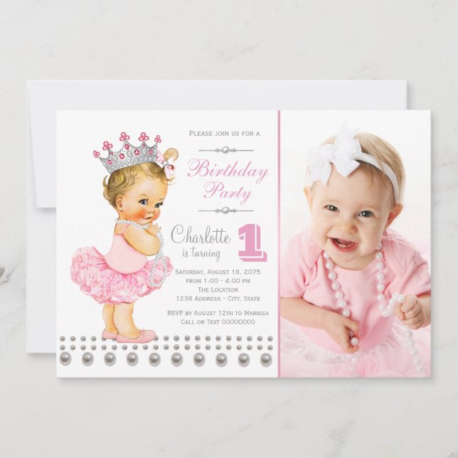 Pink Ballerina Princess Pearl Girl Birthday Party Invitation (Front)