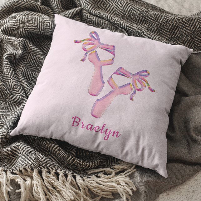 Pink Ballerina Slippers Elegant Dance Art Cushion (Modern Pink Ballerina Dance Shoes Throw Pillow)