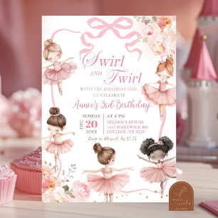 Pink Ballerina Swirl and Twirl Birthday Invitation
