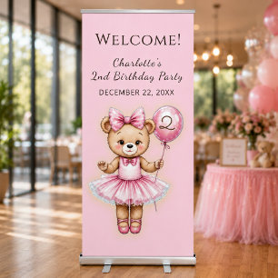 Pink Ballerina Teddy Bear Birthday Welcome Retractable Banner