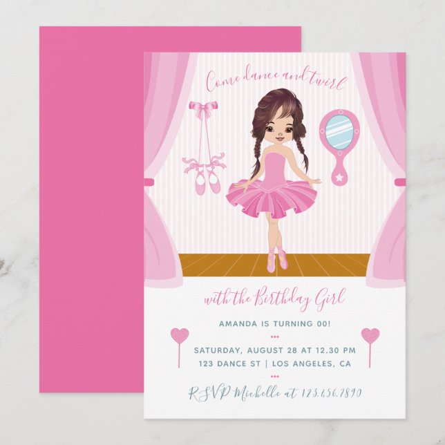 Pink Ballerina theme Birthday Invitation (Front/Back)
