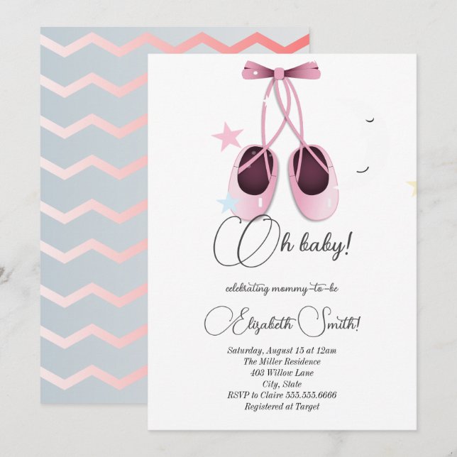 Pink ballet flats, cute stars baby shower  invitation (Front/Back)