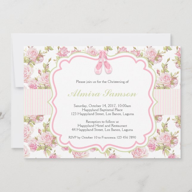 Pink Ballet Shoes on Floral and Stripes Invitation (Front)