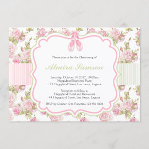 Pink Ballet Shoes on Floral and Stripes Invitation