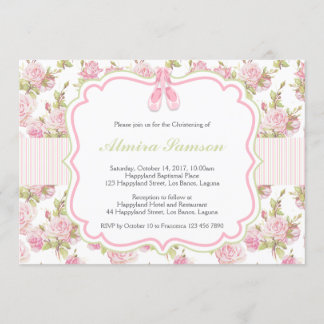 Pink Ballet Shoes on Floral and Stripes Invitation