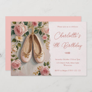 Pink Ballet Shoes & Roses Birthday Invitation