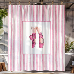 Pink Ballet Shoes with Watercolor Stripes Shower Curtain