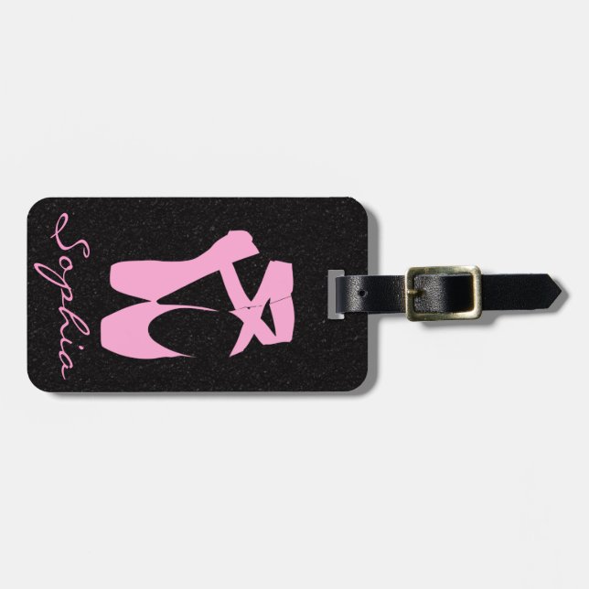 Pink Ballet Slippers on Black Glitter Luggage Tag (Front Horizontal)