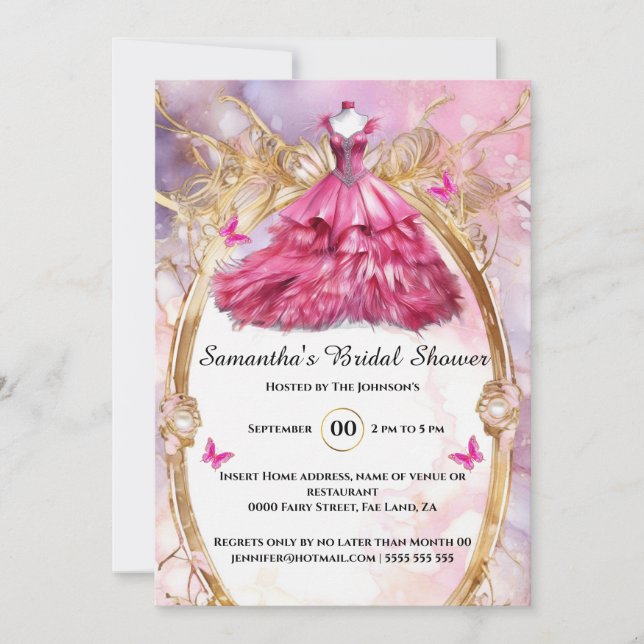 Pink ballgown floral butterfly bride to be bridal  invitation (Front)