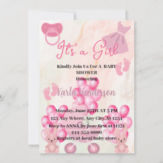 Pink Ballons Bunny Rabbit It's a Girl Baby Shower  Invitation