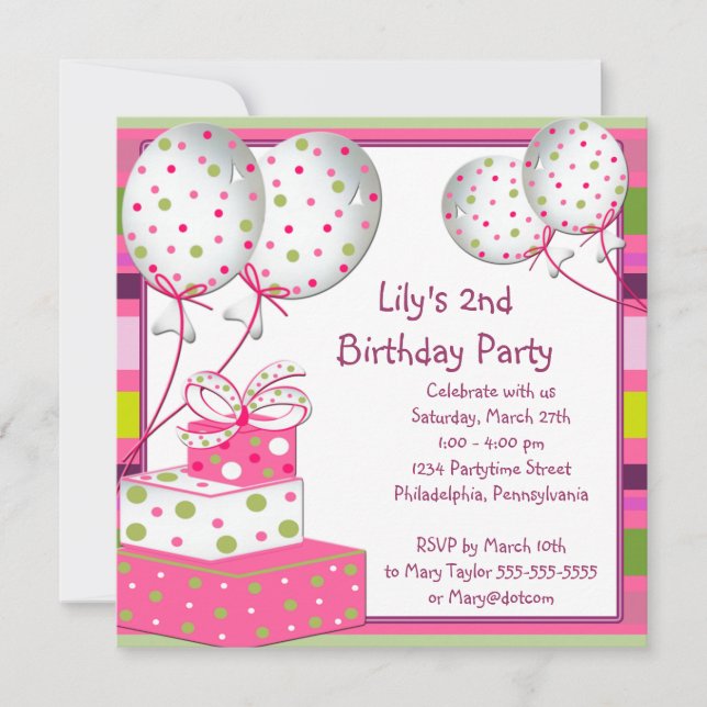 Pink Ballons Girls 2nd Birthday Party Invitation (Front)
