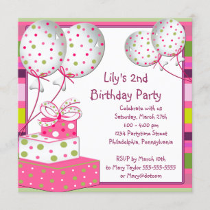 Pink Ballons Girls 2nd Birthday Party Invitation