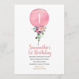 Pink Balloon 1st Birthday Invitation
