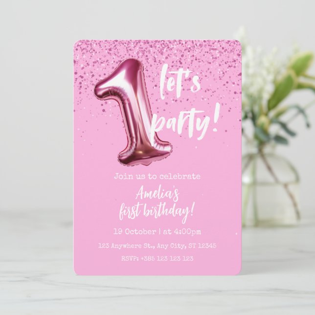 Pink Balloon 1st Birthday Party Invitation (Standing Front)
