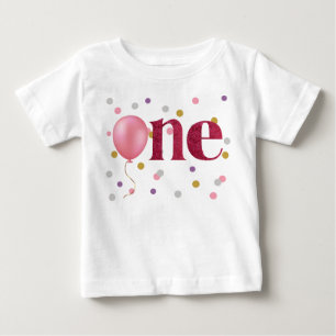Pink Balloon and Confetti First Birthday Baby T-Shirt