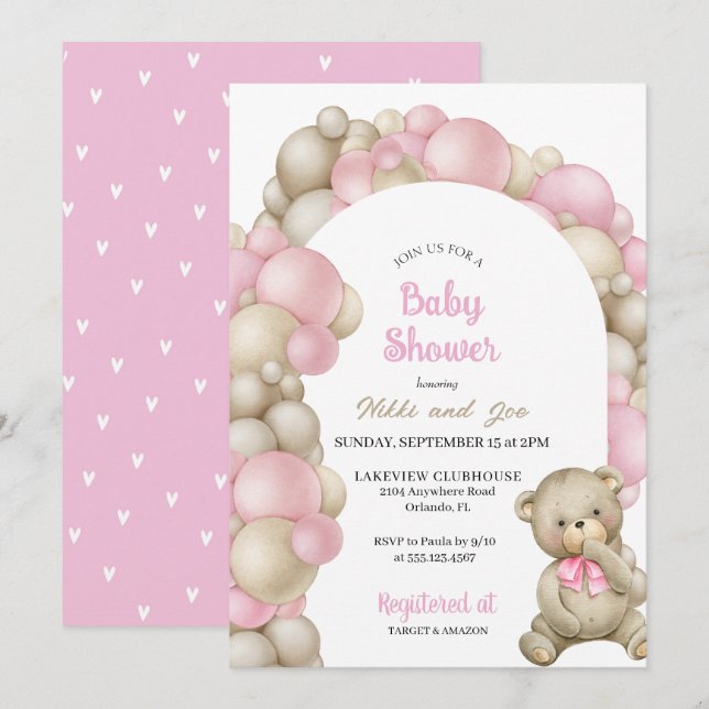 Pink Balloon Arch Teddy Bear Baby Shower Invitation (Front/Back)