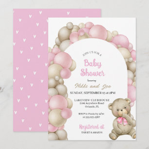 Pink Balloon Arch Teddy Bear Baby Shower Invitation
