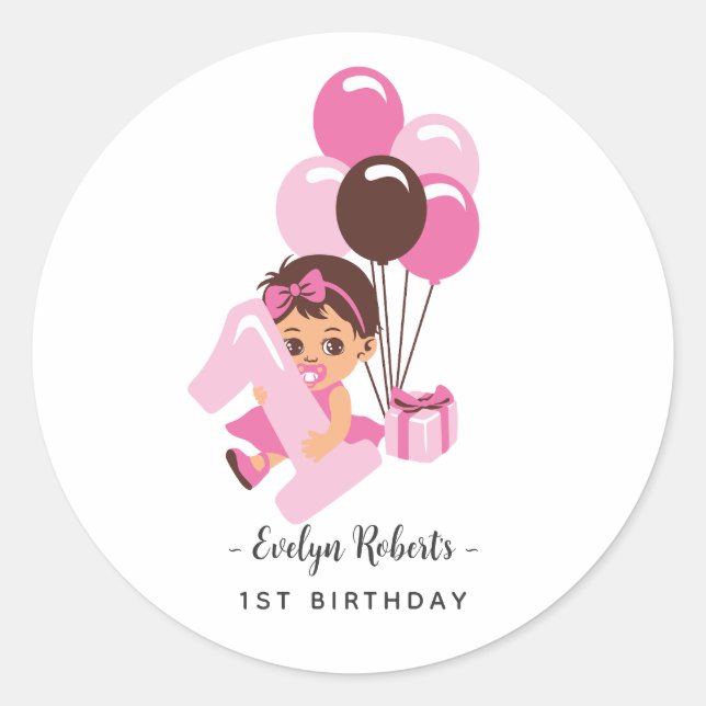 Pink Balloon Baby Girl First Birthday Classic Round Sticker (Front)