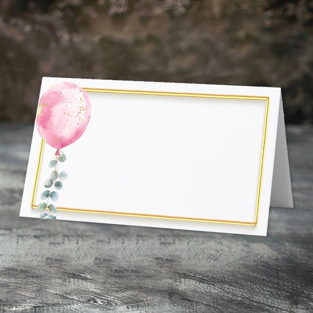 Pink Balloon Baby Shower Place Card | Gold Frame (Pink Balloon & Gold Frame)