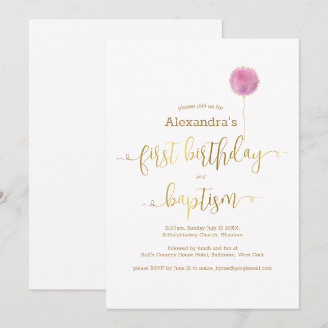 Pink Balloon Baptism & 1st Birthday Gold Script Invitation (Front/Back)