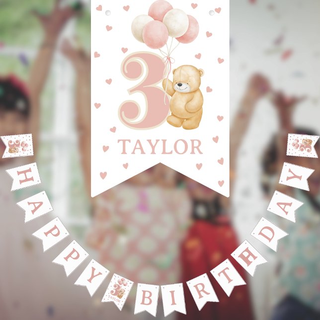 Pink Balloon Bear Happy Birthday 3 bunting banner (Birthday 3 year old girl pink theme Teddy Bear and Balloons with name
)