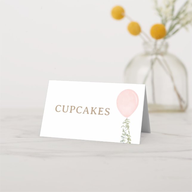Pink Balloon Birthday Food Labels Place Card (Front)