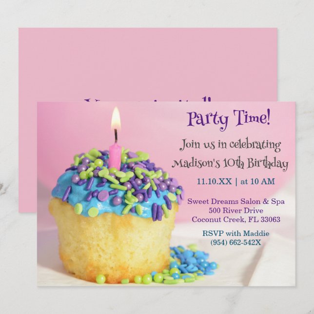 Pink Balloon blue cupcake Birthday Invitation (Front/Back)