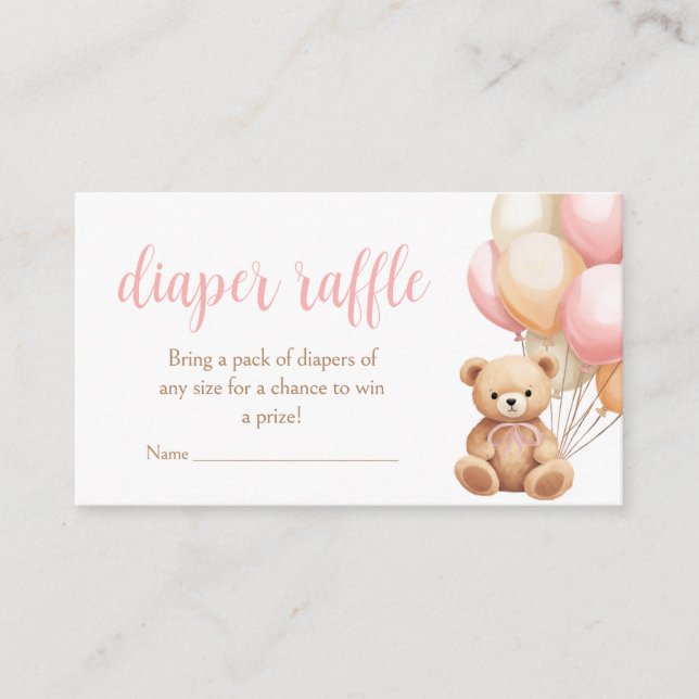 Pink Balloon Boho Bear Baby Shower Diaper Raffle Enclosure Card (Front)