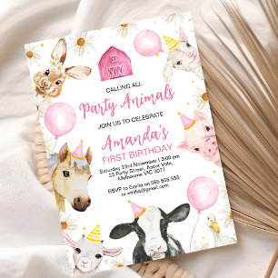 Pink Balloon Daisy Farm Birthday Invitation
