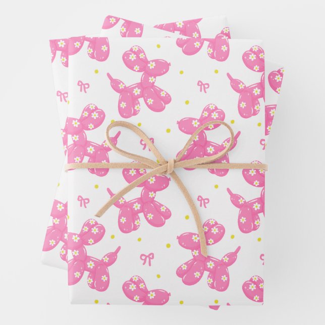 Pink Balloon Dog Pattern Wrapping Paper Sheet (In situ)